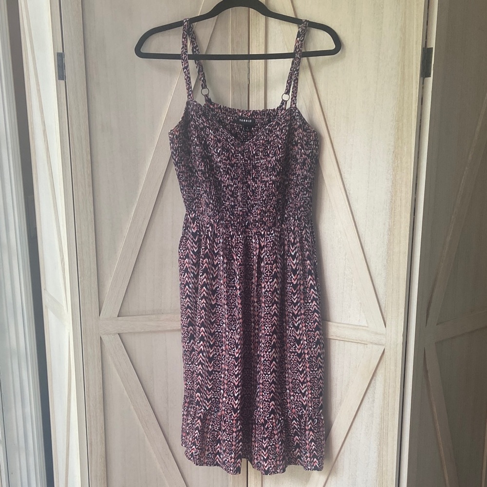 Torrid Ikat Smocked Bodice Sundress, Size 1, (1X, 14W-16W), Navy w/pink & white